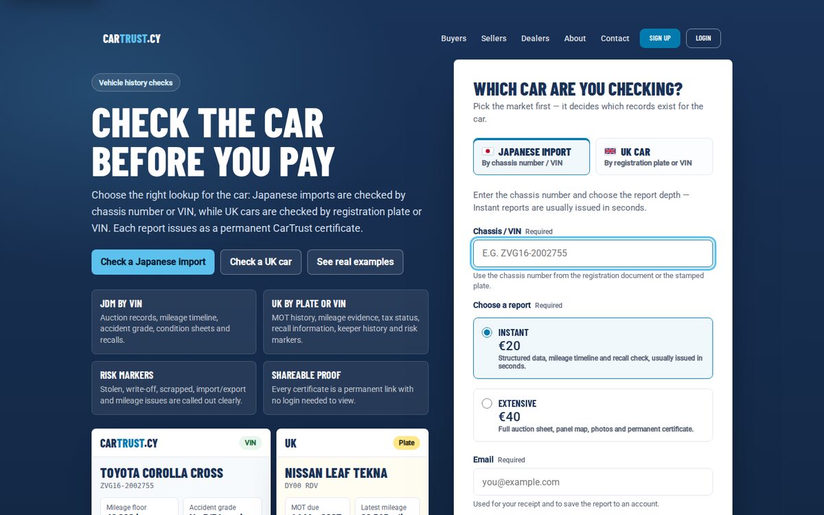 CarTrust.cy car history report — check a Japanese import by VIN or a UK car by registration plate